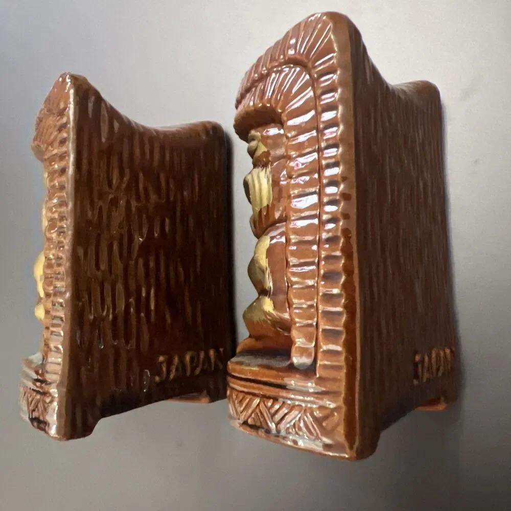 Vintage Brown Glaze Red Clay Tiki Salt & Pepper Shaker Set “Florida” 3.25” Japan